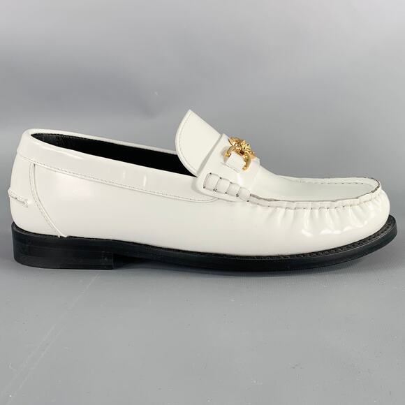 VERSACE Size 9 White Gold Leather Logo Moccasin Flats - Picture 2 of 10